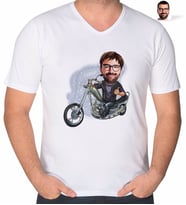 BK Gift Kişiye Özel Erkek Motorcu Karikatürlü V Yaka Tişört-4 (Beyaz)