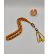 USTA İŞCİLİKLİ SARI KATALİN KEHRİBAR TESBİH 9 * 12 MM KAPSÜL KESİM GÜMÜŞ KAPLAMA PÜSKÜL