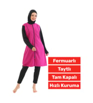 Özel Üretim Yüksek Kaliteli Konforlu Fermuarlı Taytlı Tam Kapalı Deniz Havuz Yüzücü TESETTÜR MAYO (Fuşya)