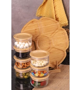 Bambum Duo 300ml 7'li Dönen Servisli Bambu Silikonlu Kapaklı Hava Aldırmaz Cam Kahvaltılık