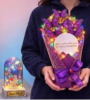 Renkli Led Işıklı Aynalı Mor Kelebek Buketi (Kişiye Özel Renkli Işıklı Fanus Hediyeli) (Model 6)