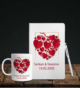 Sevgililer Gününe Özel Beyaz Deri Defter Kalem Kupa Hediye Seti 36