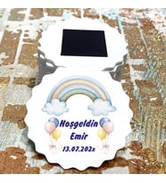 Magnet Hediyelik - Mavi Gökkuşağı Balonlu Tasarım Doğum Günü - Yenidoğan Bebek Magnet