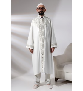 Beyaz Erkek Namaz Elbisesi Hakim Yaka Nakış İşlemeli İmam Cübbesi