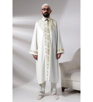 Beyaz Erkek Namaz Elbisesi Hakim Yaka Nakış İşlemeli İmam Cübbesi