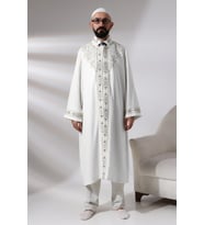Beyaz Erkek Namaz Elbisesi Hakim Yaka Nakış İşlemeli İmam Cübbesi