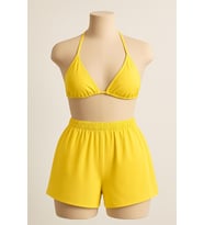 Kadın Sarı Şortlu Belden ve Boyundan Bağlamalı Bikini Takımı