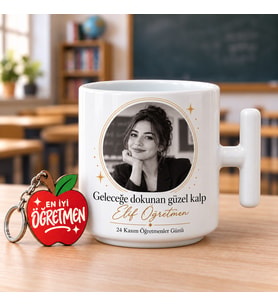 Kişiye Özel Fotoğraflı Seramik Latte Kupası ve Ahşap Anahtarlık Hediye Seti - Geleceğe Dokunan Güzel Kalp (250 ml)