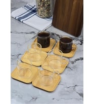 6lı Kahve Fincan Takımı - Bambu Tabaklı Kahve Fincan Seti - 12 Parça - 100 ML (Şeffaf)