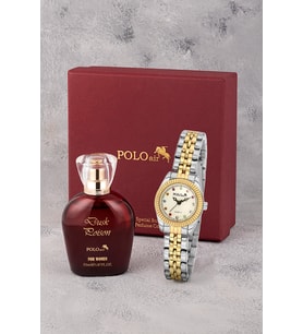 Polo Air Renkli Taş Detaylı Kadın Kol Saati Ve 55 ml Parfüm Bordo Kutsunda Set Gold Gümüş Renk ST-2189S3