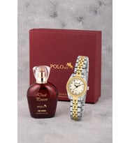 Polo Air Renkli Taş Detaylı Kadın Kol Saati Ve 55 ml Parfüm Bordo Kutsunda Set Gold Gümüş Renk ST-2189S3