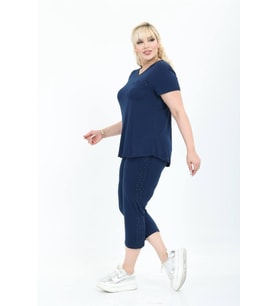Kadın Kapri Tshirt Taş Detaylı Cep Şık Viskon Penye Lacivert Alt Üst Takım