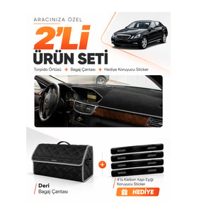 MERCEDES W212 (2010-2013) Uyumlu Torpido Örtüsü + Deri Bagaj Çantası + Sticker Seti - Siyah Gri