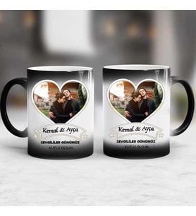 İsme Özel ve Fotoğraflı Sevgililer Günümüz Kutlu Olsun İkili Sihirli Kupa Bardak
