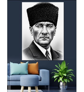 Siyah Beyaz Karizmatik Atatürk Portresi Dekoratif Kanvas - Mdf Ahşap Tablo