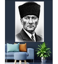 Siyah Beyaz Karizmatik Atatürk Portresi Dekoratif Kanvas - Mdf Ahşap Tablo