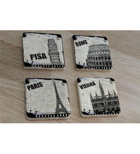 Siyah Beyaz Pisa Kulesi Roma Paris Venedik Doğal Taş Bardak Altlığı 4'lü set - Natural Stone Coasters