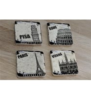 Siyah Beyaz Pisa Kulesi Roma Paris Venedik Doğal Taş Bardak Altlığı 4'lü set - Natural Stone Coasters