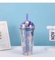 Ayıcık Işıklı ve Pipetli Bardak, 450 ml, Pullu ve Kapaklı, Mor, 20x8 (Mor)