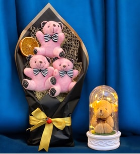 Pembe Peluş Ayıcıklı Büyük Boy Ayıcık Buketi ve Led Işıklı Tasarım Fanus  Ayıcık Buketi (Model 4)