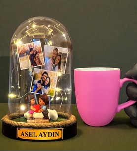 Kişiye Özel Tasarım Led Işıklı Fanus ve Pembe Kupa Bardak Hediye Seti (Model 10)