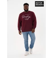Erkek Büyük Beden El Yazılı Brooklyn Baskılı Bisiklet Yaka İnce Sweatshirt SPR26BSW956-6 (Burgundy)
