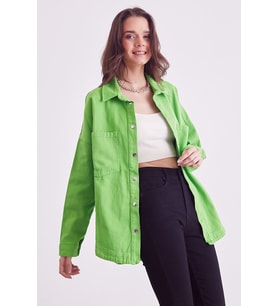 Çift Cepli Gabardin Gömlek-Neon Yeşil (Neon Yeşil)
