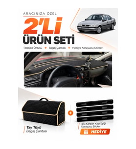 OPEL VECTRA A (1988-1995) Uyumlu Torpido Örtüsü + Tay Tüyü Bagaj Çantası + Sticker Seti - Siyah Bej
