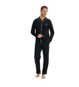 U.S. Polo Assn. 12039 Erkek Patlı Boydan Düğmeli Uzun Kol Pijama Takımı (Siyah)