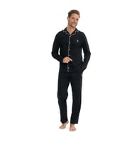 U.S. Polo Assn. 12039 Erkek Patlı Boydan Düğmeli Uzun Kol Pijama Takımı (Siyah)
