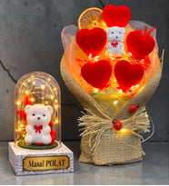 Kişiye Özel Hediye Seti Led Işıklı Fanus ve Led Işıklı Kalp Buketi (Model 4)