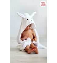 Yumuşacık Pamuklu Kız-erkek Yenidoğan/Bebek Banyo Kundak Havlusu BEYAZ/TAVŞAN