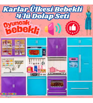 Karlar Ülkesi Bebekli Dörtlü Mutfak Seti - Frozen Modern Mutfak Seti - Işıklı Sesli Mutfak Oyuncak -