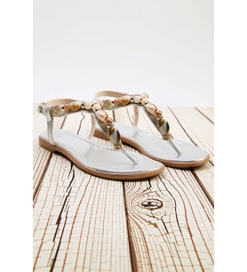 Kadın Düz Topuklu T-Strap Sandalet Bilekten Bağlamalı Boncuk Detaylı Suni Deri Yazlık Ayakkabı Rahat