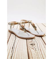 Kadın Düz Topuklu T-Strap Sandalet Bilekten Bağlamalı Boncuk Detaylı Suni Deri Yazlık Ayakkabı Rahat