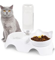 Çift Bölmeli Kedi Köpek Mama Kabı Kaseli Otomatik Su Şişe Hazneli Mama Kabı 500 ML Şişeli