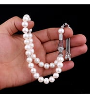 Zirkon Taş Püsküllü 10 mm Doğal İnci Taşı Tesbih (Gümüş)