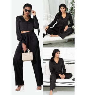 5'li İçeride&Dışarıda Kol Baglama Detaylı Siyah Pijama Takım