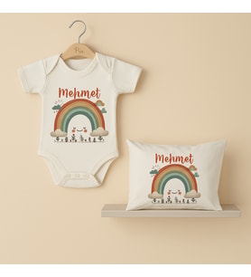 Pia Baby Premium %100 Pamuk İsme Özel Organik Baskılı Çıtçıtlı Bebek Body Ve Yastık Kılıfı 5076-19 (Ekru)
