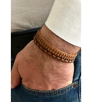 Örgü Detaylı %100 Deri 2li Taba Renk Erkek Bileklik  21 cm (Türk El Üretimi)