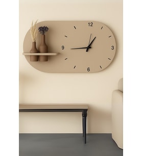 Modern Tasarım Raflı Nera Duvar Saati 75x45 (Açık Bej)