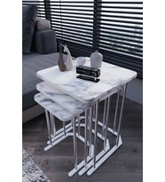3' Lü Kare Zigon Sehpa Gümüş Ayak Beyaz Mermer Desen 18 mm Mdf