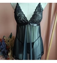 Laurel Dantel Detaylı Tül Gecelik & Tanga Set-SİYAH