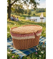 Atbyhome Hasır Piknik Sepeti Kapaklı Ve Bezli Rattan Sepet Organizer 40x29x18