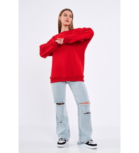 Kırmızı Kadın Pamuklu Oversize Basic Bisiklet Yaka Sweatshirt