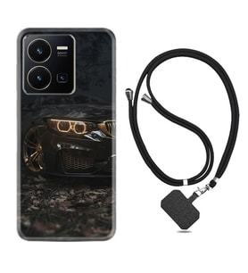 Vivo Y22 Kılıf Silikon Boyun Askılı İpli Desenli Silikon Black Car 1768