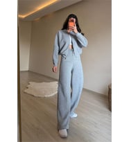 Neşeli butik kadın fermuarlı oversize sweat ve yüksek bel eşofman takımı NM018