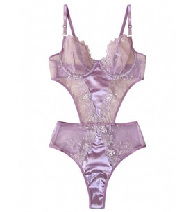 Lila Dantel ve Saten Detaylı Transparan Body 85-B