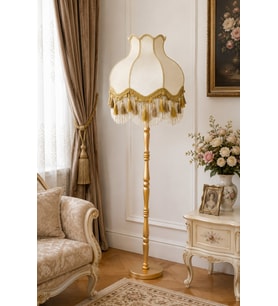 Beyaz Kadife Gold Saçaklı Başlık Gold Ahşap Ayaklı Lambader Vintage Model 170x50cm