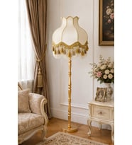 Beyaz Kadife Gold Saçaklı Başlık Gold Ahşap Ayaklı Lambader Vintage Model 170x50cm